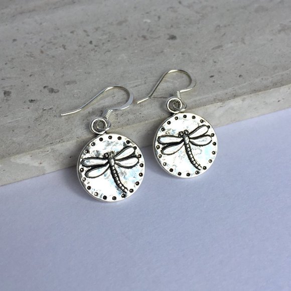 Silver Dragonfly disk Earrings - Picture 2 of 4